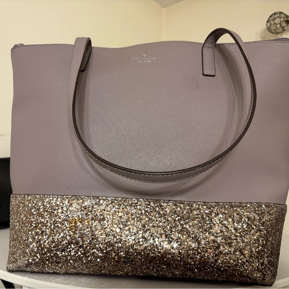Kate Spade New York Greta Court penny Gray leather and Gold Glitter Tote Bag